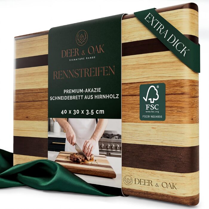 Bamboo Cutting Board Deer & Oak 60x40x3.2 cm, Double-Sided with Juice Grooves and Side Handles, Pre-oiled Serving and Carving Board (Striped Board)