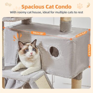 Кігтеточка для котів Taoqimiao MS026W 146 см - велика, стабільна, з 2 будиночками, гамаком, корзиною та 8 кігтеточками (світло-сірий)