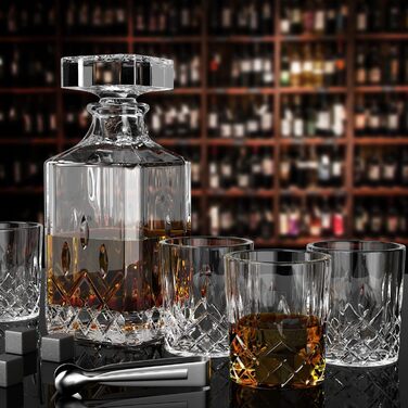 Whiskey Decanter Set, 750ml Decanter with 4 x 220ml Whiskey Glasses, 12 Stones, Beautiful Gift Box, Father's Day Gift for Men, Transparent