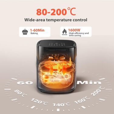 Аерофритюрниця Aigostar XXL 6.5л з вікном, 1600Вт, сенсорне керування, 12 програм, безмасляна фритюрниця з антипригарним покриттям, чорна