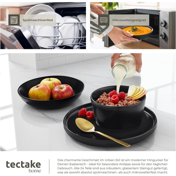 Набір посуду Tectake® для 6 осіб, 24 елементи: чорний набір посуду з кераміки, тарілки, миски, глибокі тарілки та тарілки для сніданку