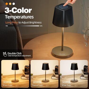 LED-лампа Quntis настільна бездротова, торкання, регулювання яскравості, акумулятор, USB зарядка, 3000K-5000K, 3 колірні температури, IP44, вологостійка, для дому та вулиці, чорна - 2 шт.
