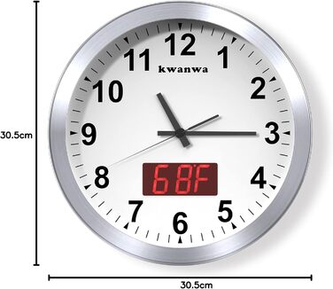 KWANWA Modern Wall Clock with No Ticking Sound • Digital LCD/LED Display • Calendar & Temperature • Battery Powered • 30.5cm • 12h Format, Perfect for Kitchen, Bedroom & Office (Silver Case, Red LED)