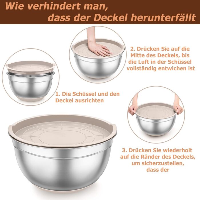 TEAMFAR Mixing Bowl Set, 7-Piece Stainless Steel Bowls Salad Bowls with Airtight Lids and Silicone Bottom, 0.7L/1.2L/1.5L/2.5L/2.8L/3.5L/6.5L, Khaki