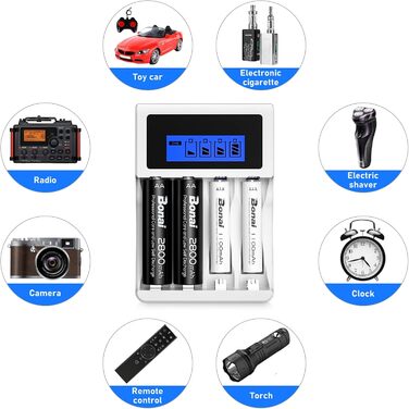 Зарядний пристрій BONAI для акумуляторів 4 слоти LCD, для AA/AAA NI-MH NI-CD акумуляторів, з 4 шт. акумуляторами 2800mAh AA та 1100mAh AAA