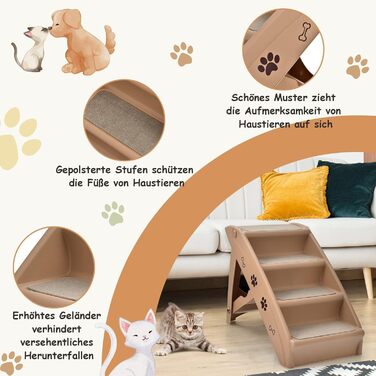 COSTWAY 4-Step Pet Staircase with Carpet, Dog Stairs Plastic Cat Stairs Folding, Portable Dog Ramp Pet Stairs for Dogs and Cats, Pet Ramp for Climbing and Scratching (Brown)
