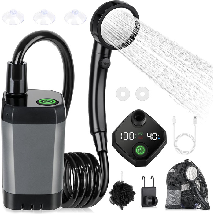 Spopal Camping Shower Portable, [6000mAh] Camping Shower with Pump and Temperature Display, Camping Shower Outdoor Set with Showerhead and 2M Hose for Garden, Car Washing, Beach, Travel, Pet