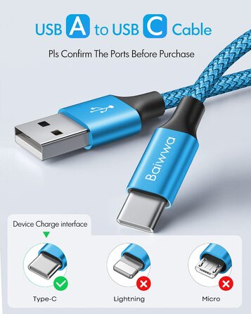 Кабель USB-C на USB-A 6м, блакитний, нейлон - для Samsung, iPhone, Redmi, Pixel