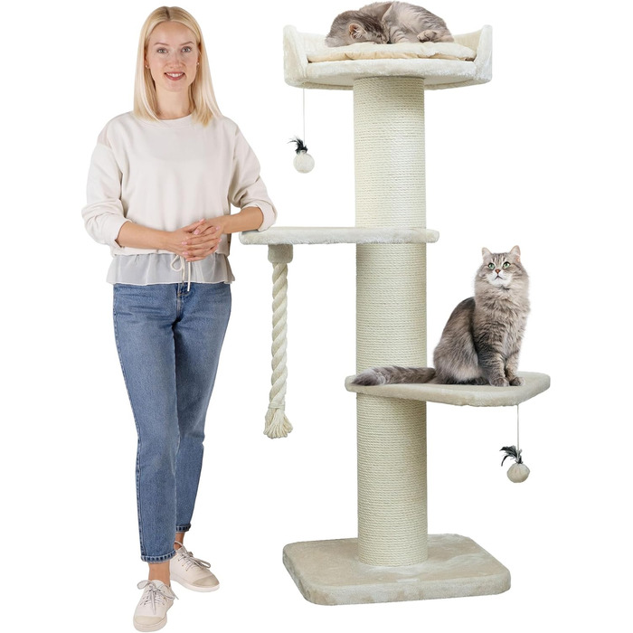 HAPPYPET Преміум Дряпка для котів 'Фредді' – 150 см, велика, для Мейн-куна, з сизалю, товсті стійки (кремовий)