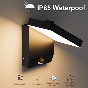 LED вуличний світильник K-Bright 20W з датчиком руху, IP65, для балкона та саду (чорний)