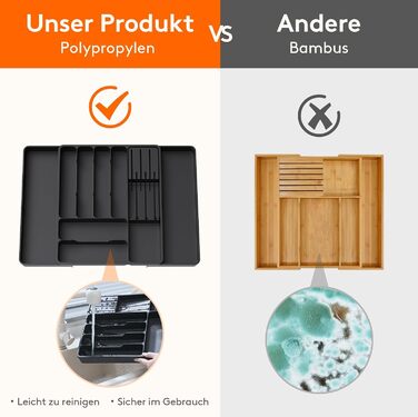 Органайзер для столових приборів Lifewit в шухляду, розсувний, з відділенням для ножів (40 см), чорний