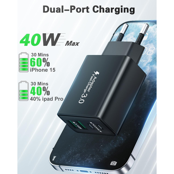 Мережевий адаптер USB C, 40W, 4 порти, швидка зарядка, універсальний зарядний пристрій для iPhone, iPad, Samsung та інших телефонів, білий/чорний (2 шт.)