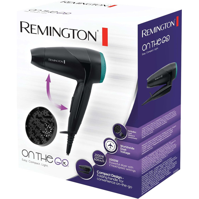 Фен Remington D1500 On The Go: компактний, потужний, для подорожей (2000 Вт, 120/220-240V, насадки)