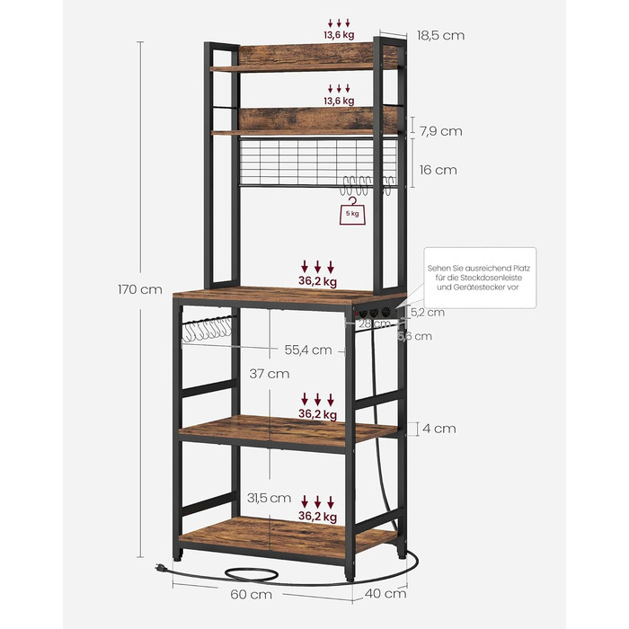 Стелаж кухонний VASAGLE з розетками, для мікрохвильової печі, з решіткою, 14 гачків, антрацит-чорний, 40x60x170 см, вінтажний коричневий + чорний