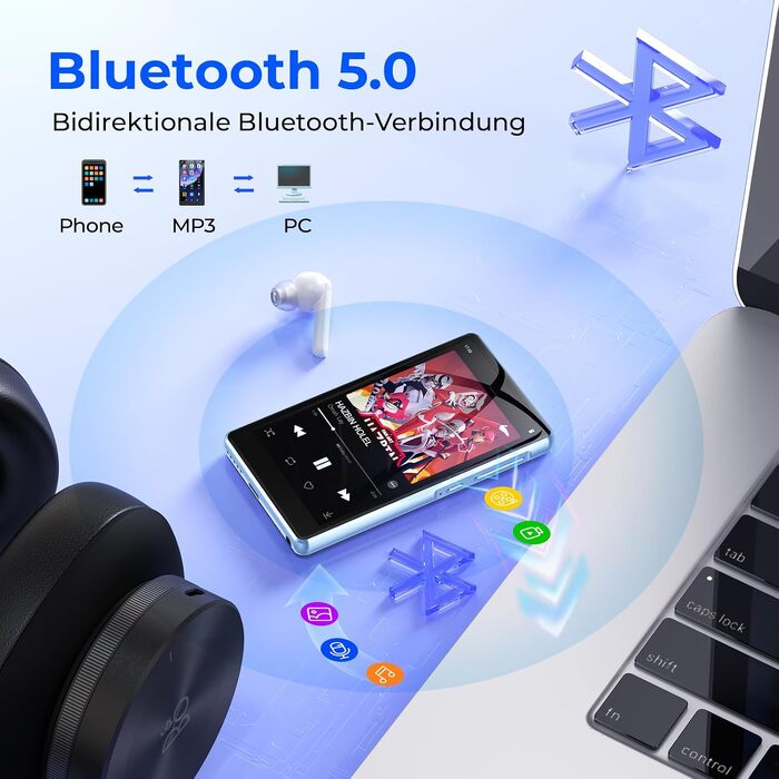 MP3 плеєр з Bluetooth та WiFi на 160 ГБ, 4.5-дюймовий сенсорний екран, підтримка Spotify (синій, 96ГБ)