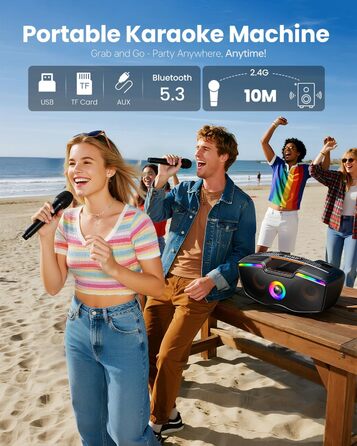 Bluetooth-караоке машина для дорослих та дітей, портативна 80W акустика з 2 бездротовими мікрофонами, регулятором ехо, підтримка USB/AUX/TF-картки, ідеальний подарунок для дому та вулиці