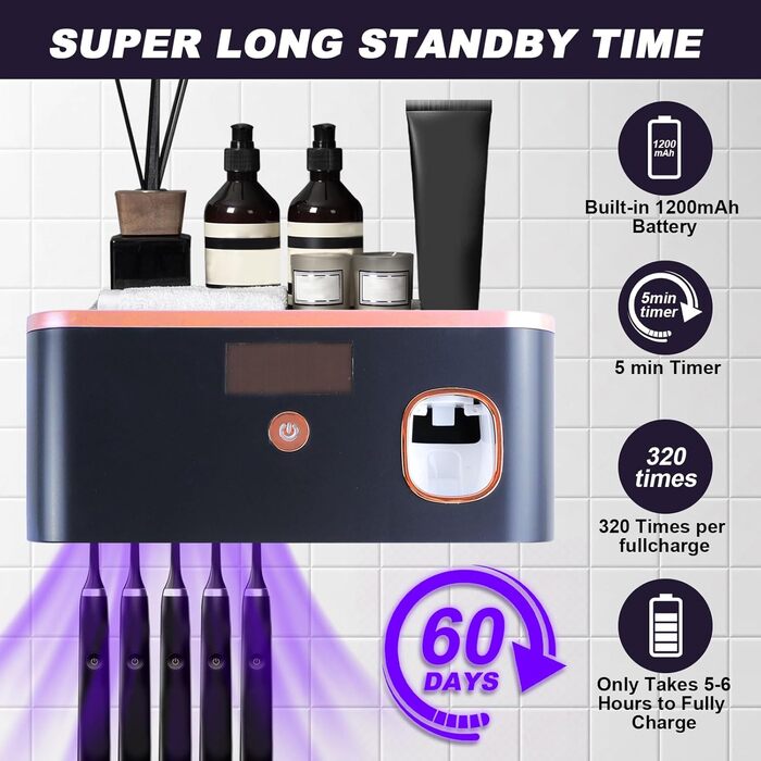 Автоматичний диспенсер зубної пасти з UV-дезінфекцією та тримачем для зубних щіток на 6 щіток, монтаж без свердління. Підходить для дітей та дорослих. Чорний колір