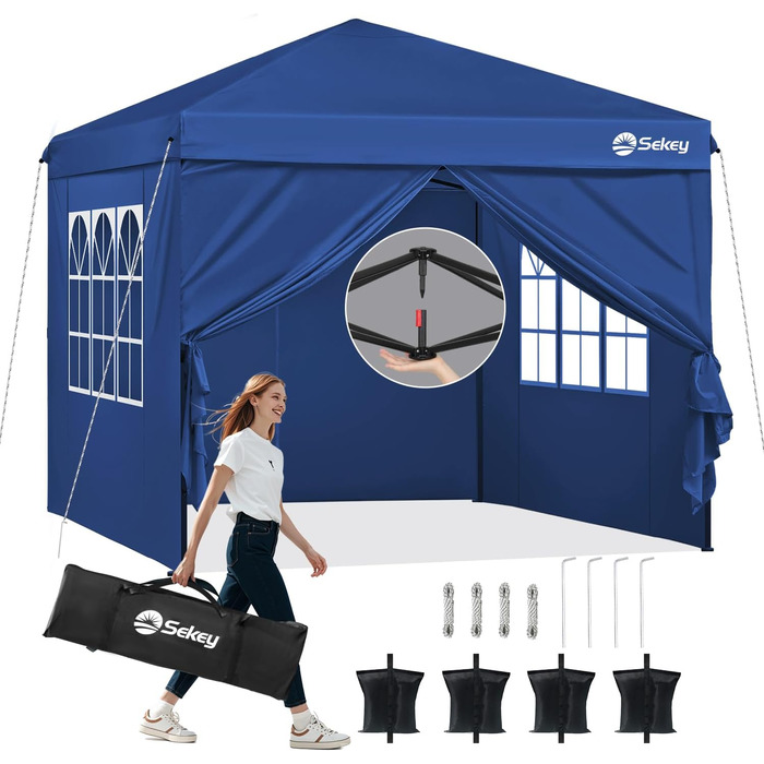 Sekey One-Touch Pop Up Pavilion 3x3 Waterproof Stable Winter-Proof, Folding Pavilion 3x3m with Thickened Tubes, Party Tent Pavilion Folding for Camping Festival Party, (Navy, with Side Walls)