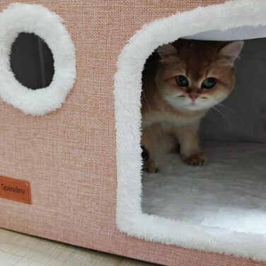 Spindro Cat Cave Cat Bed Large, Cat House Indoor Cat Sleeping Place with Removable Sherpa Cat Cushion and Hanging Toy, Cat Bed, Light Grey 42x42x33cm (2 level (42cmx42cmx33cm), Pink)