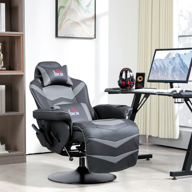 HOMCOM Gaming Chair with Massage Function, Reclining Backrest, Footrest, Supports up to 120 kg, Steel Frame, Faux Leather, Grey