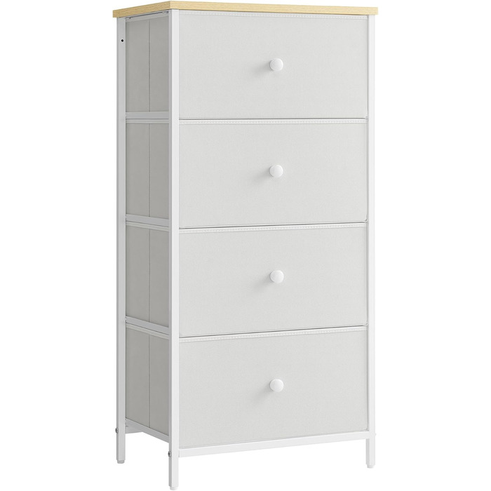 SONGMICS Chest of Drawers, Storage Cabinet with 4 Fabric Drawers, Metal Frame, Tall and Narrow, White-Oak Finish LTS314W57