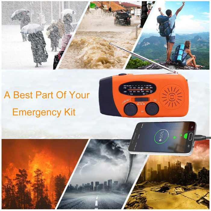Радіо Solar Radio: портативне радіо з ручним приводом, динамо, AM/FM, 2000mAh Powerbank, ліхтарик LED, зарядка USB для мобільного телефону, для кемпінгу та відпочинку на природі, оранжевий колір