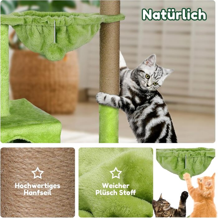 Zonema Kratzbaum-Kratzstamm Scratching Post with 80 cm Scratching Column for Small and Large Cats, Sisal Rope Cat Scratching Post with 1 Interactive Ball, Scratching Pole Cat Furniture, For Indoor Activity, Play (Cat Tree 110 cm tall, Green)