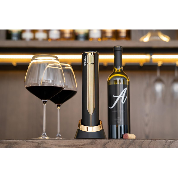 Prestigio Maggiore Electric Corkscrew - Premium Wine Bottle Opener with Charging Station - Integrated Foil Cutter - Packaged in a High-Quality Gift Box - Black/Gold
