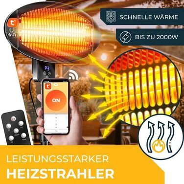 Інфрачервовий обігрівач KESSER® 2000W з Wi-Fi та пультом дистанційного керування, 360° обертання, регулювання висоти, підставка та настінний монтаж, захист від перекидання, IPX4 вологозахист для тераси, балкону та саду