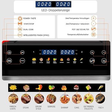 Фритюрниця повітряна Jacgood 9L з 2 кошиками, 1800W, цифрове управління, 8 програм