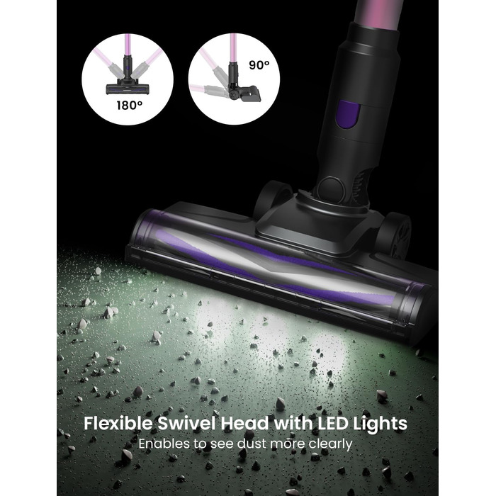 Бездротовий пилосос Vexilar Akku: 60 хв роботи, 45 kPa, 550 W, безщітковий мотор, LED дисплей, 6-в-1, тихий, для дому/авто, підходить для твердих поверхонь, килимів, видалення шерсті тварин, зелений (рожевий)