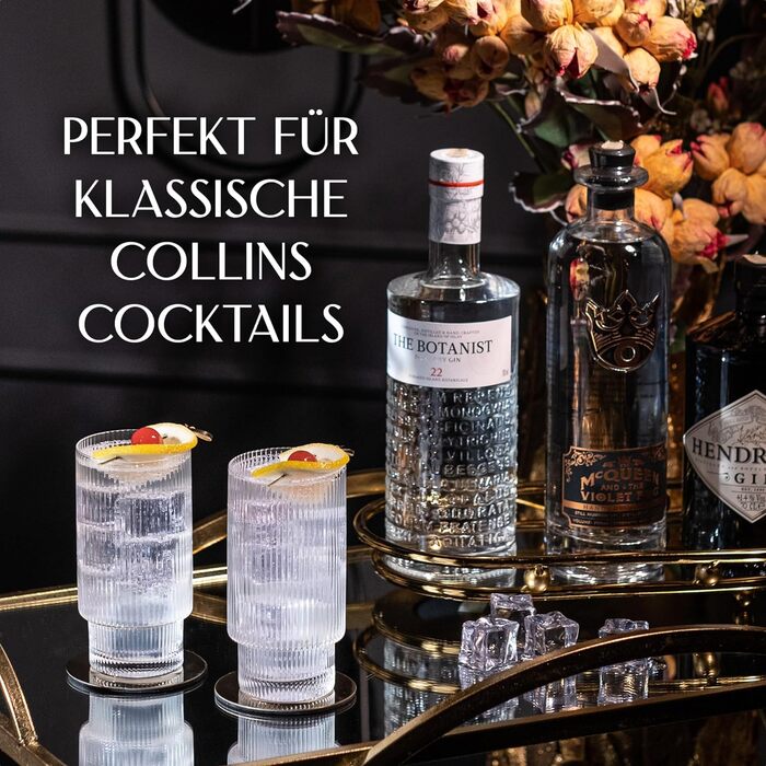 GLASSIQUE GIFT Vintage Art Deco Collins Gin Longdrink Ribbed Cocktail Glasses | 4-Piece Set | 400 ml Slim Tall Ribbed Highball Longdrink Glasses for Mojito Cocktails