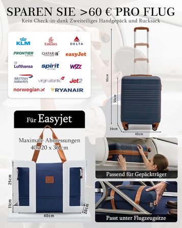 Набір валіз COOLIFE: велика (55x35x20 см) та маленька (40x25x20 см) для ручної поклажі Ryanair & Easyjet, з TSA замком та 4 колесами, ABS, блакитний/коричневий