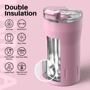 Термокружка SANTECO з нержавіючої сталі 18/8, 350 мл, з подвійними стінками, ізольована, 6 годин зберігає тепло, без BPA, виточна, з прозорою кришкою, темно-зелений/рожевий