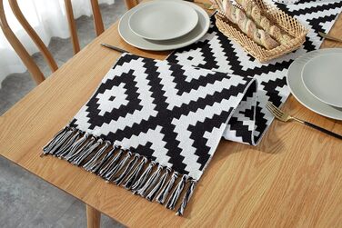 KnBoB Cotton Linen Table Runner Black and White Geometric Puzzle Pattern with Tassels for Dining Room Party Holiday Decoration, Size 32x160CM