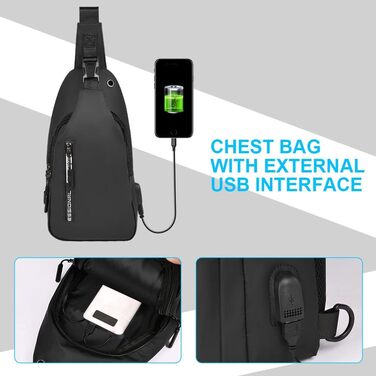 Чоловіча нагрудна сумка-слінг Brusttasche з USB-портом для зарядки, водонепроникна, чорна (#3 B)