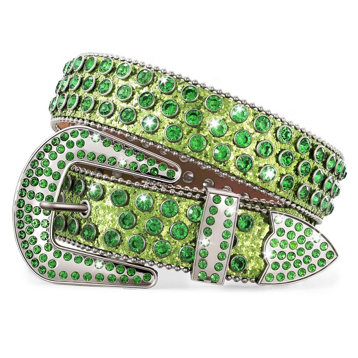 Жіночий шкіряний ремінь JasGood з камінням, стиль вестерн, ковбойський, з заклепками, для джинсів та штанів (Зелений, 135 см, підходить для розміру штанів 111-123 см)