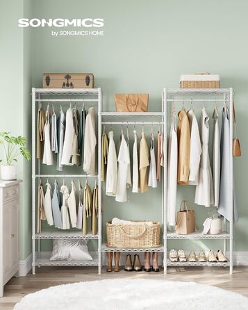 SONGMICS Clothes Rack, Open Wardrobe, Metal Coat Rack, Coat Stand with Adjustable Shelves and Clothes Rails, Hooks, High Load Capacity, Detachable, Cloud White LGR431W01