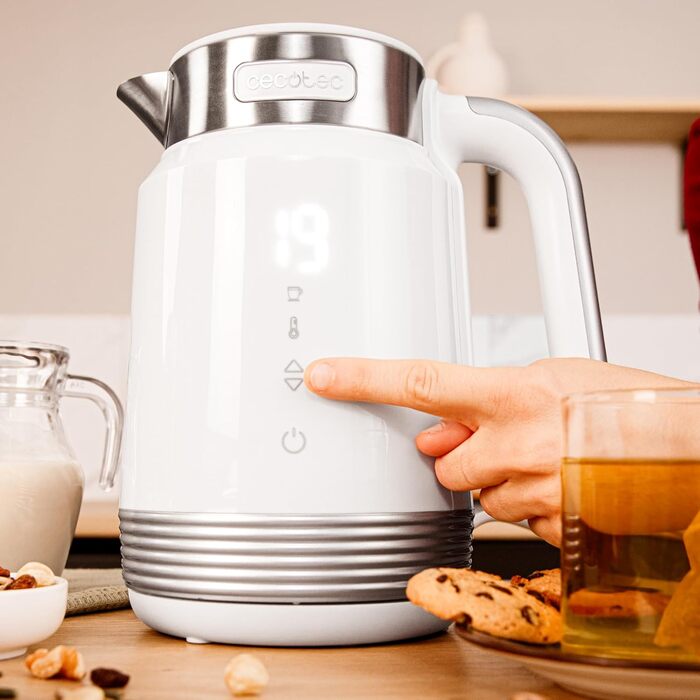 Електричний чайник Cecotec ThermoSense 600 Touch White, 1.7 л, 2200 Вт, з нержавіючої сталі та пластику, LED-підсвітка, поворотний на 360°