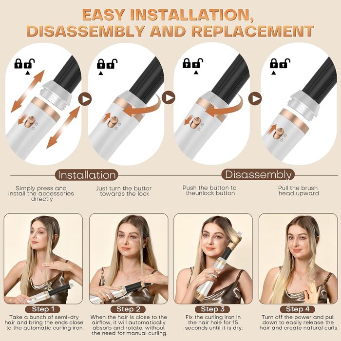 Airstyler 5 в 1: набір для укладки волосся з автоматичною завивкою, фен-щітка, 1000W, для об'єму, випрямлення та локонів