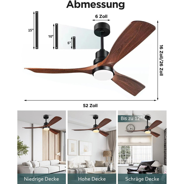 Стеляний вентилятор з підсвічуванням та пультом керування, тихий DC двигун, 132 см, 3 дерев'яних лопаті, таймер, 6 швидкостей, сертифікат ETL, режим літо/зима для спальні, коричневий