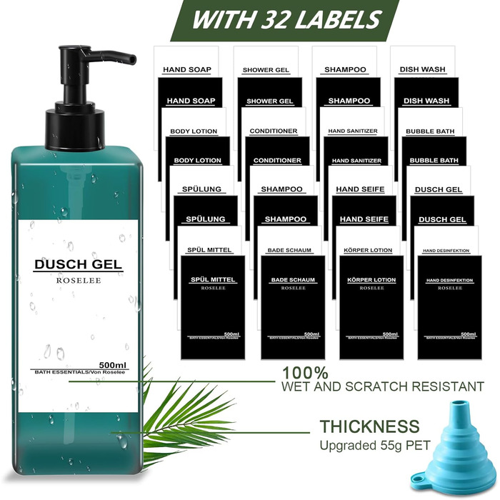 Набір дозаторів для мила Roselee (4 шт.), зелені, 500 мл. Дозатори для душу, шампуню, кухні, ванної кімнати. Матеріал: пластик.