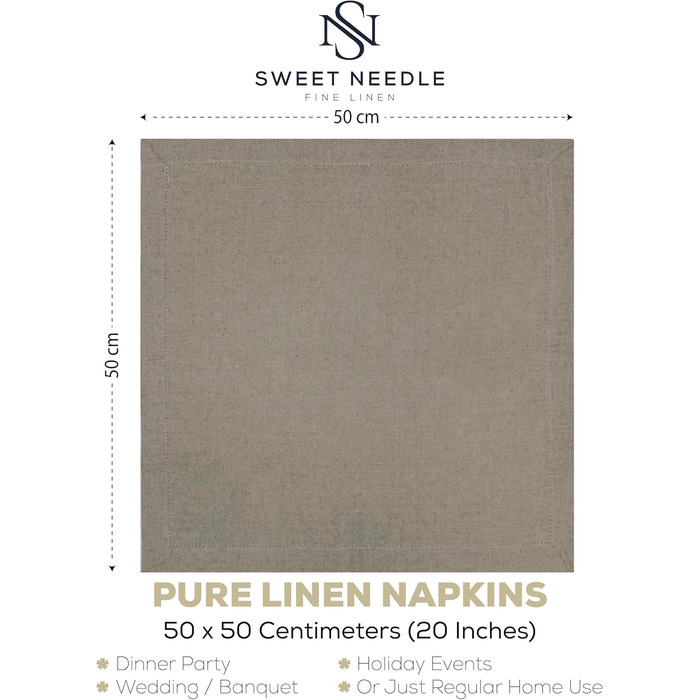 Sweet Needle Linen Napkins, Set of 12, Hemstitch Napkins, Natural Colors, 50x50cm, 100% European Washable Linen Napkins. Ideal for kitchen, Christmas, wedding, restaurant, and everyday use.