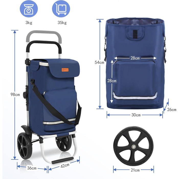 Тролей для покупок Sekey 60L, 3-в-1, складна, з алюмінію, регульована ручка, з відділенням для їжі та напоїв, великий, для покупок та кемпінгу (Блакитний)