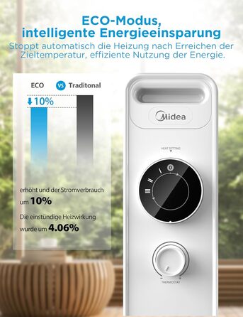 Масляний радіатор Midea NY2009-22M 2000Вт, 9 секцій, економний, тихий, електрообігрівач з термостатом, 3 режими, захист від перегріву та перекидання, ECO-режим, швидкий нагрів, портативний, білий