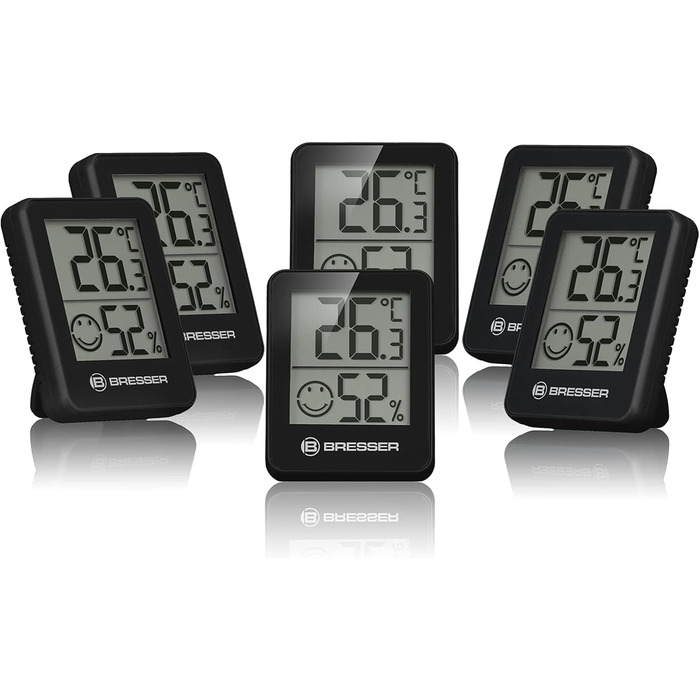 Bresser 6-Piece Thermometer Hygrometer Set - Digital Room Thermometer for Controlling Indoor Humidity, Refrigerator Suitable, Wall Mounting and Magnetic, Mold Prevention - Smiley Indicator, Black