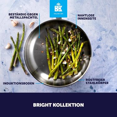 BK Bright Сковорода з нержавіючої сталі 24 см, Cool Grip, професійне приготування, 18/10, індукція, до 230°C, антипригарне покриття, срібна
