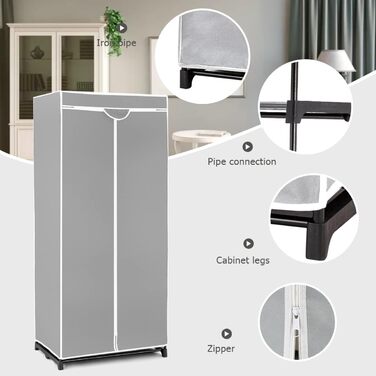 GIANTEX Clothes Closet Fabric Wardrobe with Clothes Rod & Shelf, Folding Wardrobe 74 x 50 x 172 cm, Clothes Rack Metal Frame with Dust Cover, for Bedroom Dressing Room (light grey)