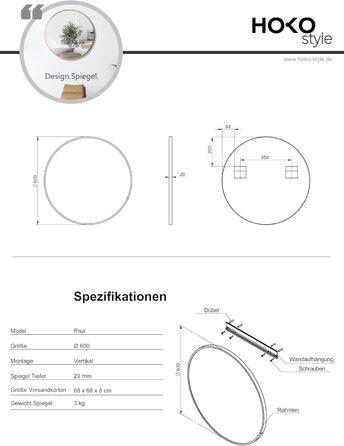 Овальне дзеркало HOKO Design для стін, 50 x 90 см, металевий каркас матового кольору. Можлива вертикальна та горизонтальна установка. Підходить для ванної кімнати, коридору, спальні, вітальні та їдальні. Розмір: 60 x 60 см, колір - золото.