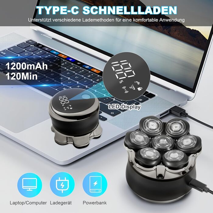 Електричний бритва Carehabi для гоління голови, чоловічий, водонепроникний IPX6, 7D плаваючі головки, LED-дисплей, акумуляторна, для сухого та вологого гоління, для подорожей